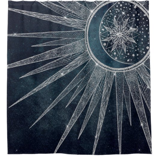 シルバーサンエレガントムーンドゥードルマンダラブルーデザイン シャワーカーテン (正面)