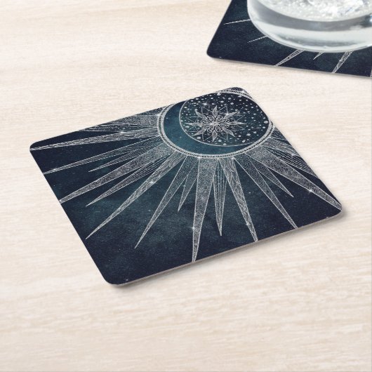 シルバーサンエレガントムーンドゥードルマンダラブルーデザイン スクエアペーパーコースター (アングル)