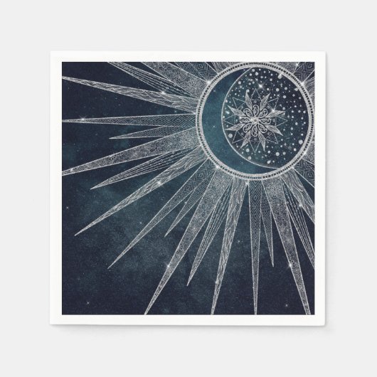 シルバーサンエレガントムーンドゥードルマンダラブルーデザイン スタンダードカクテルナプキン (正面)