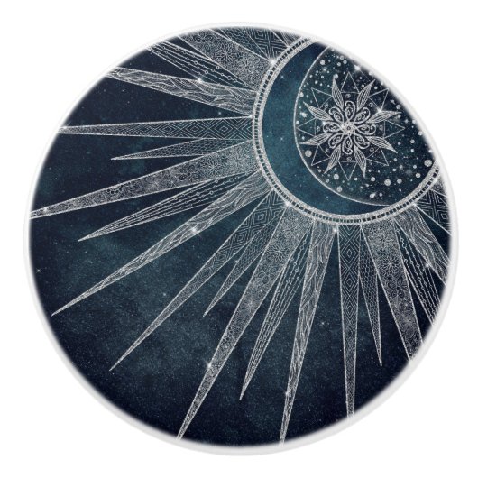 シルバーサンエレガントムーンドゥードルマンダラブルーデザイン セラミックノブ (正面)