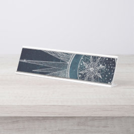 シルバーサンエレガントムーンドゥードルマンダラブルーデザイン デスクネームプレート