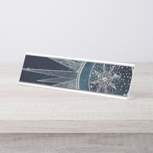 シルバーサンエレガントムーンドゥードルマンダラブルーデザイン デスクネームプレート (正面)