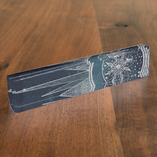 シルバーサンエレガントムーンドゥードルマンダラブルーデザイン デスクネームプレート (側面)