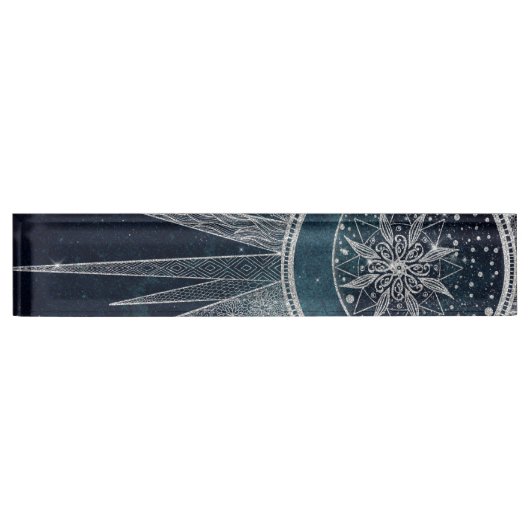 シルバーサンエレガントムーンドゥードルマンダラブルーデザイン デスクネームプレート (正面)