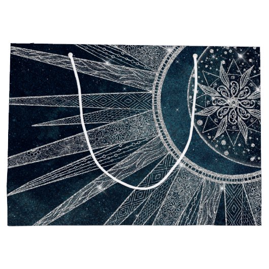 シルバーサンエレガントムーンドゥードルマンダラブルーデザイン ラージペーパーバッグ (裏面)