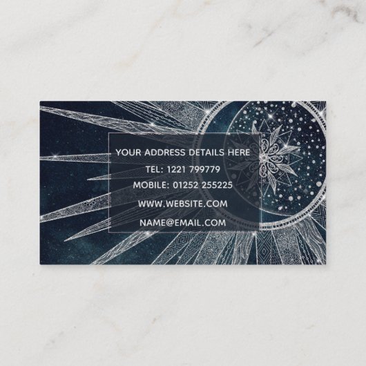 シルバーサンエレガントムーンドゥードルマンダラブルーデザイン 名刺 (裏面)