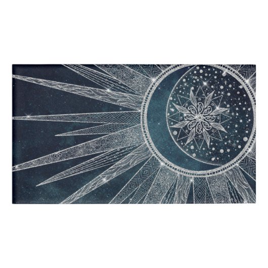 シルバーサンエレガントムーンドゥードルマンダラブルーデザイン 名札 (正面)