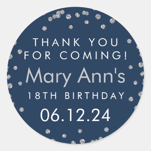 シルバーサンキュー誕生日グリッター紙吹雪ネイビー ラウンドシール (正面)
