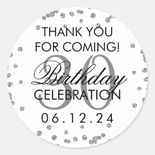 シルバーサンキュー30th誕生日グリッター紙吹雪 ラウンドシール (正面)