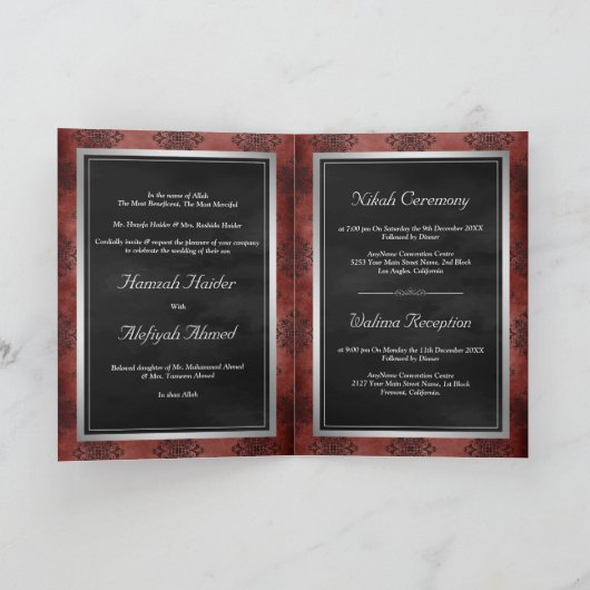 シルバーサーモンオレンジブラックダマスクムスリム結婚ズ 招待状 (内部)