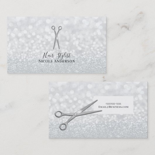 シルバーシザーズホワイトグリッターシック美容師 名刺 (正面/裏面)