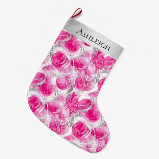シルバーシックかわいらしピンクグラムクリスマス ラージクリスマスストッキング (正面 (吊り時))