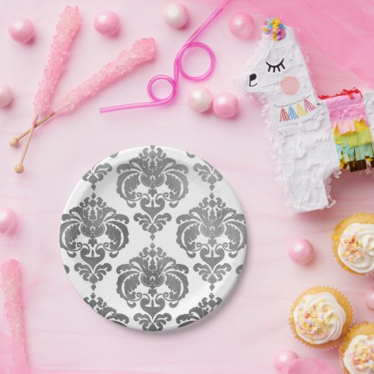 シルバーシャイン&ホワイトダマスクヴィンテージウェディングイベント ペーパープレート (パーティー)