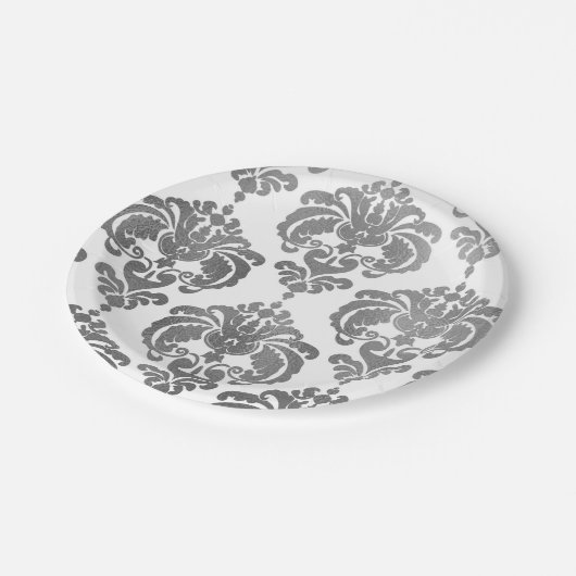 シルバーシャイン&ホワイトダマスクヴィンテージウェディングイベント ペーパープレート (アングル)