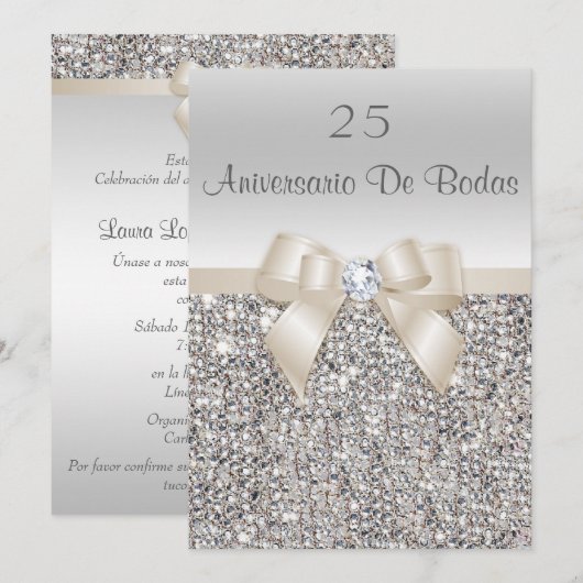 シルバーシャンパン25周年記念結婚式のスパンコール 招待状 (正面/裏面)