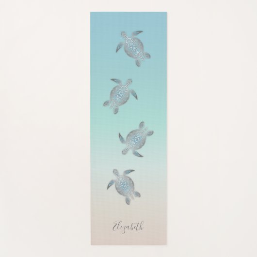 シルバーシーウミガメターコイズあなたの名前ビーチ ヨガマット (正面)