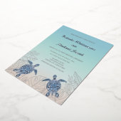 シルバーシーウミガメターコイズ |ビーチ結婚式 箔招待状 (回転した状態)