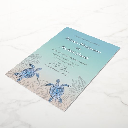シルバーシーウミガメターコイズ |ビーチ結婚式 箔招待状 (回転した状態)