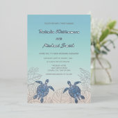 シルバーシーウミガメターコイズ |ビーチ結婚式 箔招待状 (立ち正面)