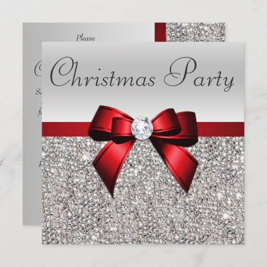 シルバーシークインクリスマスパーティーレッドダイヤモンドボウ 招待状 (正面/裏面)