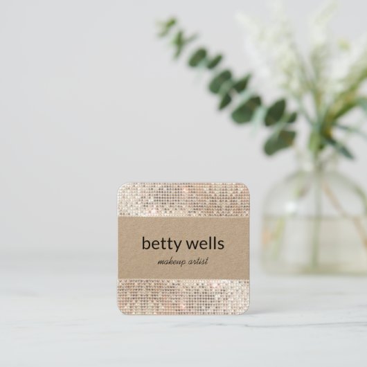 シルバーシークインストライプのメイクアップアーティストクラフト スクエア名刺 (スタンド正面)