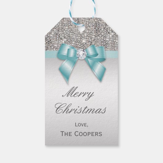 シルバーシークインズブルーダイヤモンドボウクリスマス ギフトタグ (裏面)