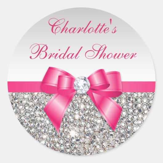 シルバーシークインズホットピンクボウダイヤモンドブライダルシャワー ラウンドシール (正面)