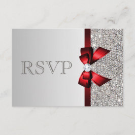 シルバーシークインダイヤモンドレッドボウウェディングRSVP 出欠カード