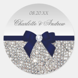 シルバーシークインネイビー弓とダイヤ結婚モンド ラウンドシール