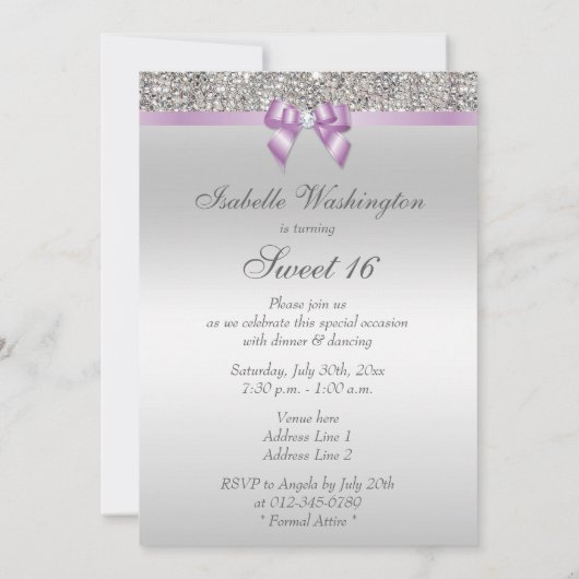 シルバーシークインフェイクズ薄紫ボウスウィート16 招待状 (裏面)