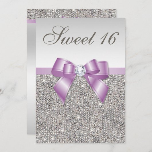シルバーシークインフェイクズ薄紫ボウスウィート16 招待状 (正面/裏面)