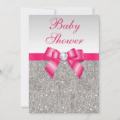 シルバーシークインホットピンクボウガールズベビーシャワー 招待状 (正面)