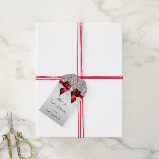 シルバーシークインレッドダイヤモンドボウクリスマス ギフトタグ (より糸付き)