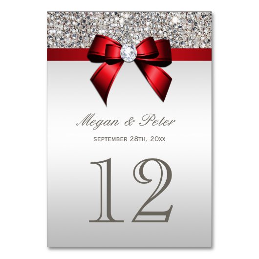 シルバーシークイン結婚レッドボウのテーブル番号カード テーブルナンバー (正面)