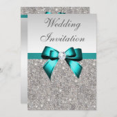 シルバーシークイン鮮やかズティール（緑がかった色）ダイヤモンドボウ結婚ズ 招待状 (正面/裏面)