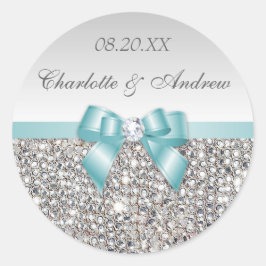 シルバーシークンズティール(緑がかった色)ボウ&ダイヤモンド結婚ズ ラウンドシール