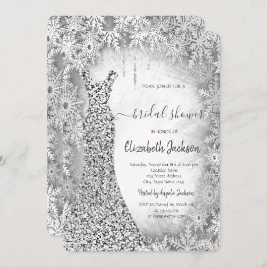 シルバーシークンズドレススノーフレークブライダルシャワー 招待状 (正面/裏面)