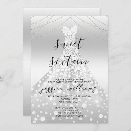 シルバーシーシンボールガウンスウィート16誕生日 招待状 (正面/裏面)