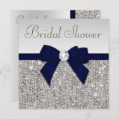 シルバーシーフェイククインズネイビーブルーボウブライダルシャワー 招待状 (正面/裏面)