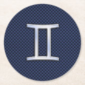 シルバージェミニ〔占星術の〕十二宮図サインブルーカーボンファイバープリント ラウンドペーパーコースター (正面)