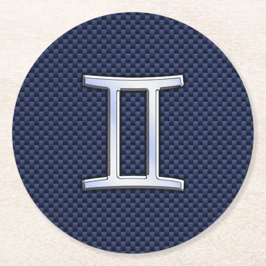 シルバージェミニ〔占星術の〕十二宮図サインブルーカーボンファイバープリント ラウンドペーパーコースター (正面)