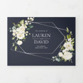 シルバージオメトリックネイビーブルーホワイト結婚フローラ 三つ折り招待状 (カバー)