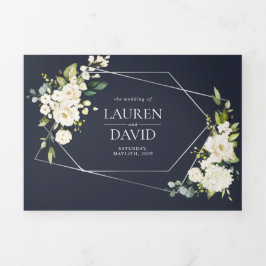 シルバージオメトリックネイビーブルーホワイト結婚フローラ 三つ折り招待状