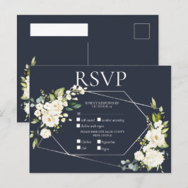 シルバージオメトリックブルーホワイトフローラRSVP インビテーションポストカード
