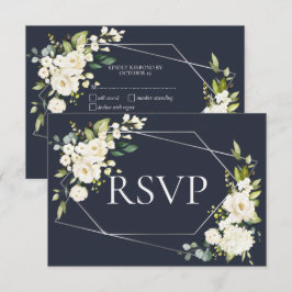 シルバージオメトリックブルーホワイトフローラRSVP 出欠カード