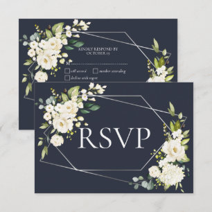 シルバージオメトリックブルーホワイトフローラRSVP 出欠カード