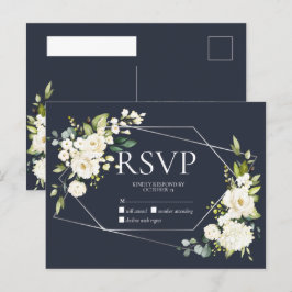 シルバージオメトリックブルー白フローラなしメニューRSVP インビテーションポストカード