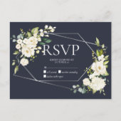 シルバージオメトリックブルー白フローラなしメニューRSVP インビテーションポストカード (正面)