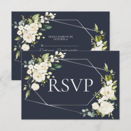 シルバージオメトリックブルー白フローラなしメニューRSVP 出欠カード