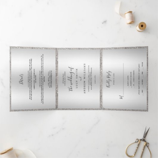 シルバージュエリドボウ&シークイン結婚ズ 三つ折り招待状 (内部)